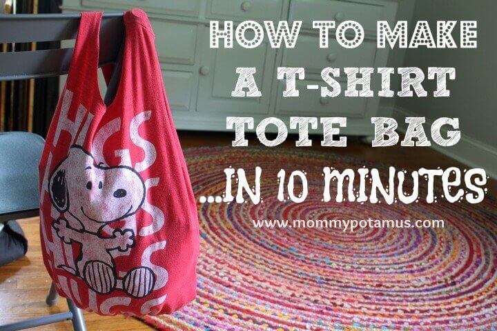 This no sew t-shirt tote bag made from old t-shirts can be whipped up in just ten minutes! It's perfect as a DIY tote or farmer's market bag, and easy enough for kids to make as an indoor activity. 